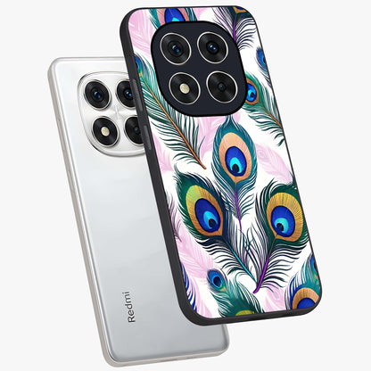 Royal Peacock Feathers Glass Case displayed in angled mockup highlighting vibrant feather pattern with regal aesthetic style.