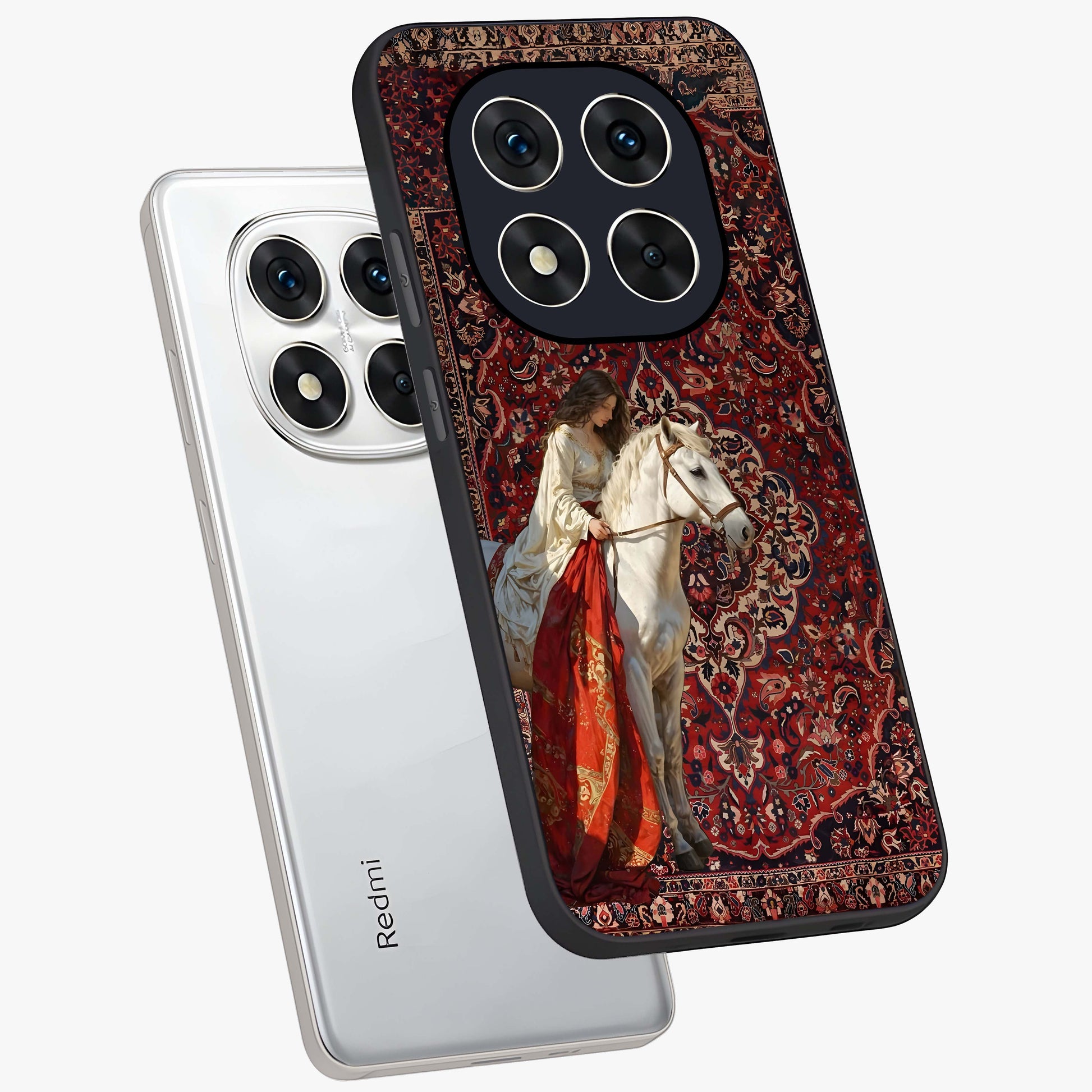 Royal Rider Tapestry Glass Case displayed in angled mockup highlighting traditional tapestry design with royal heritage aesthetic.
