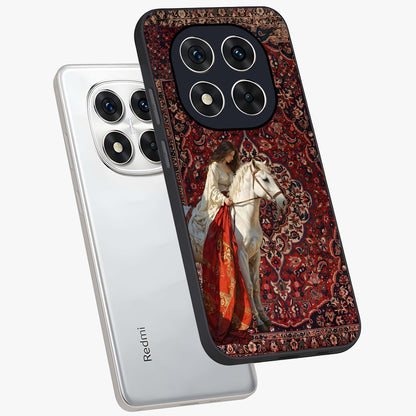 Royal Rider Tapestry Glass Case displayed in angled mockup highlighting traditional tapestry design with royal heritage aesthetic.