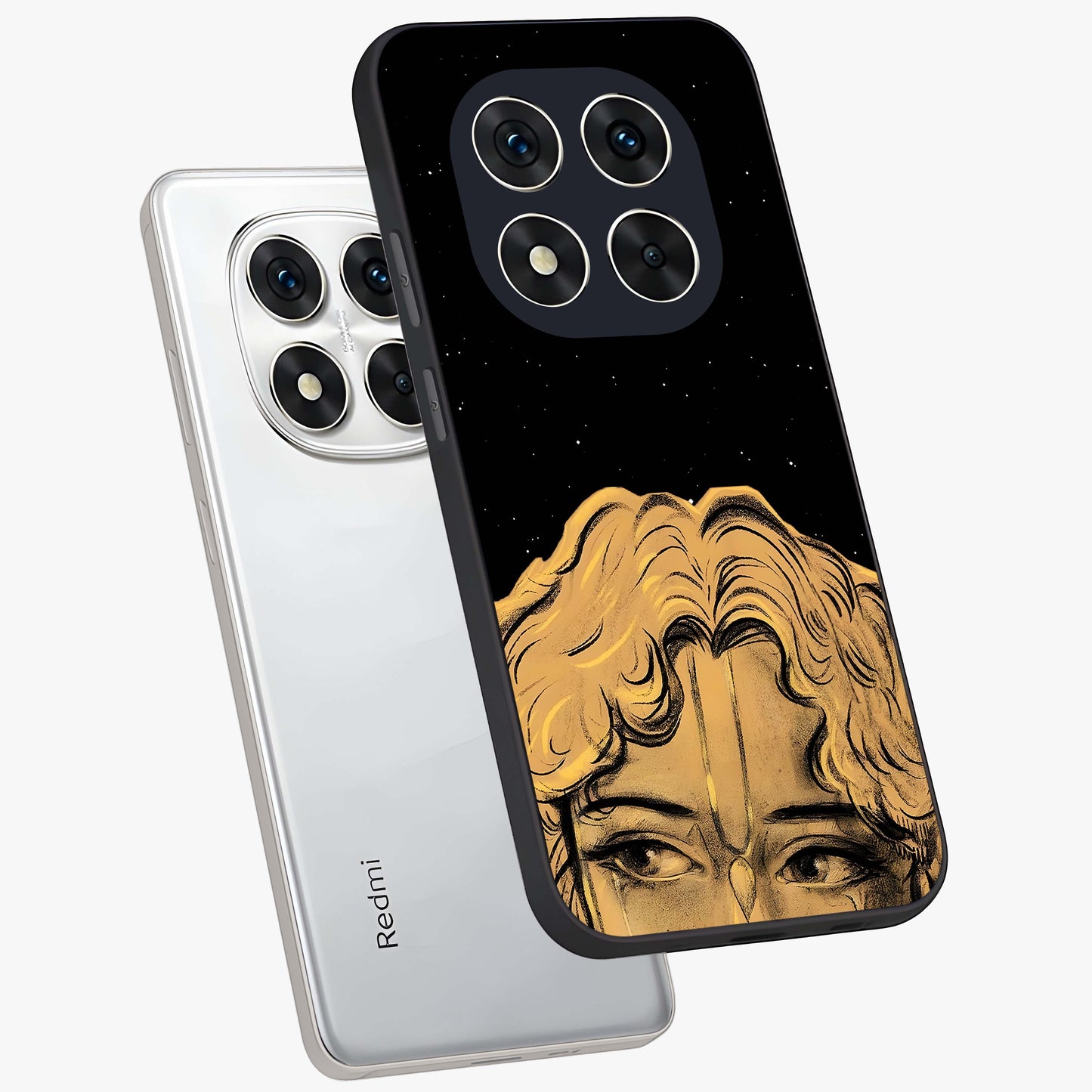 Shri Krishna Art Glass Case displayed in angled mockup highlighting spiritual Krishna illustration with divine aesthetic.