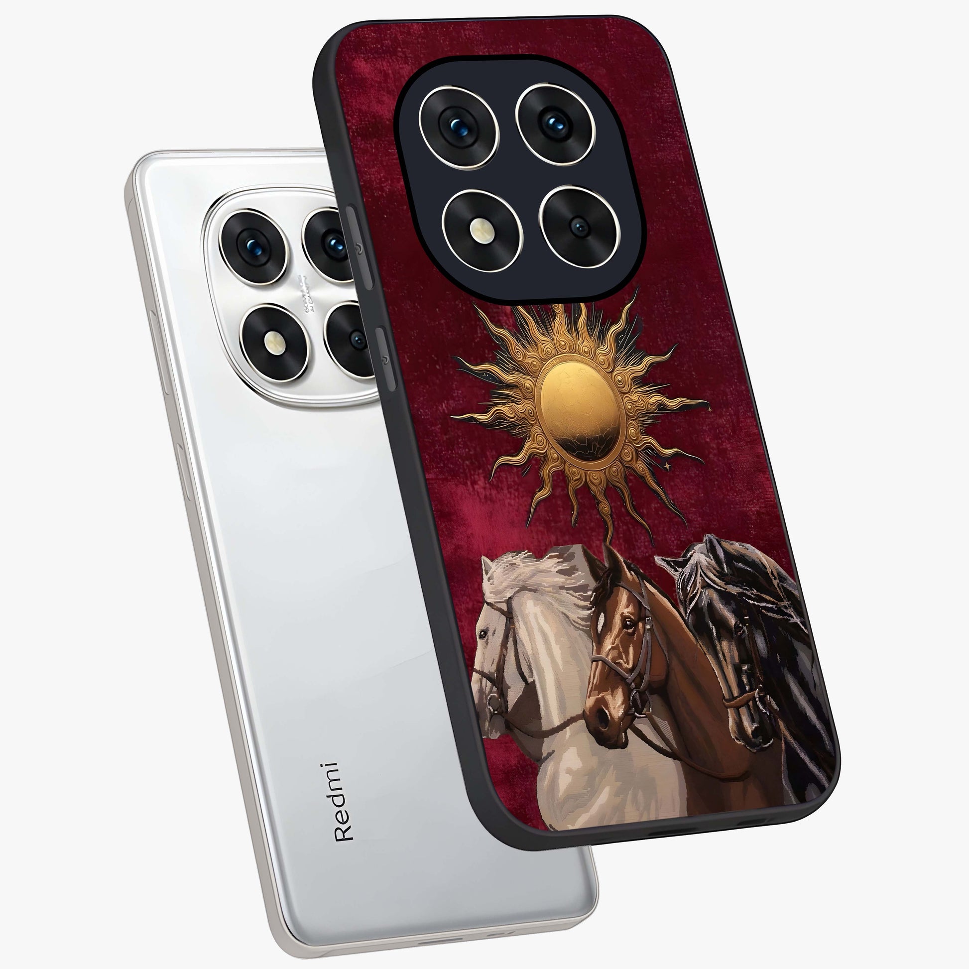Solar Riders Glass Case displayed in angled mockup highlighting powerful rider illustration with radiant solar aesthetic.