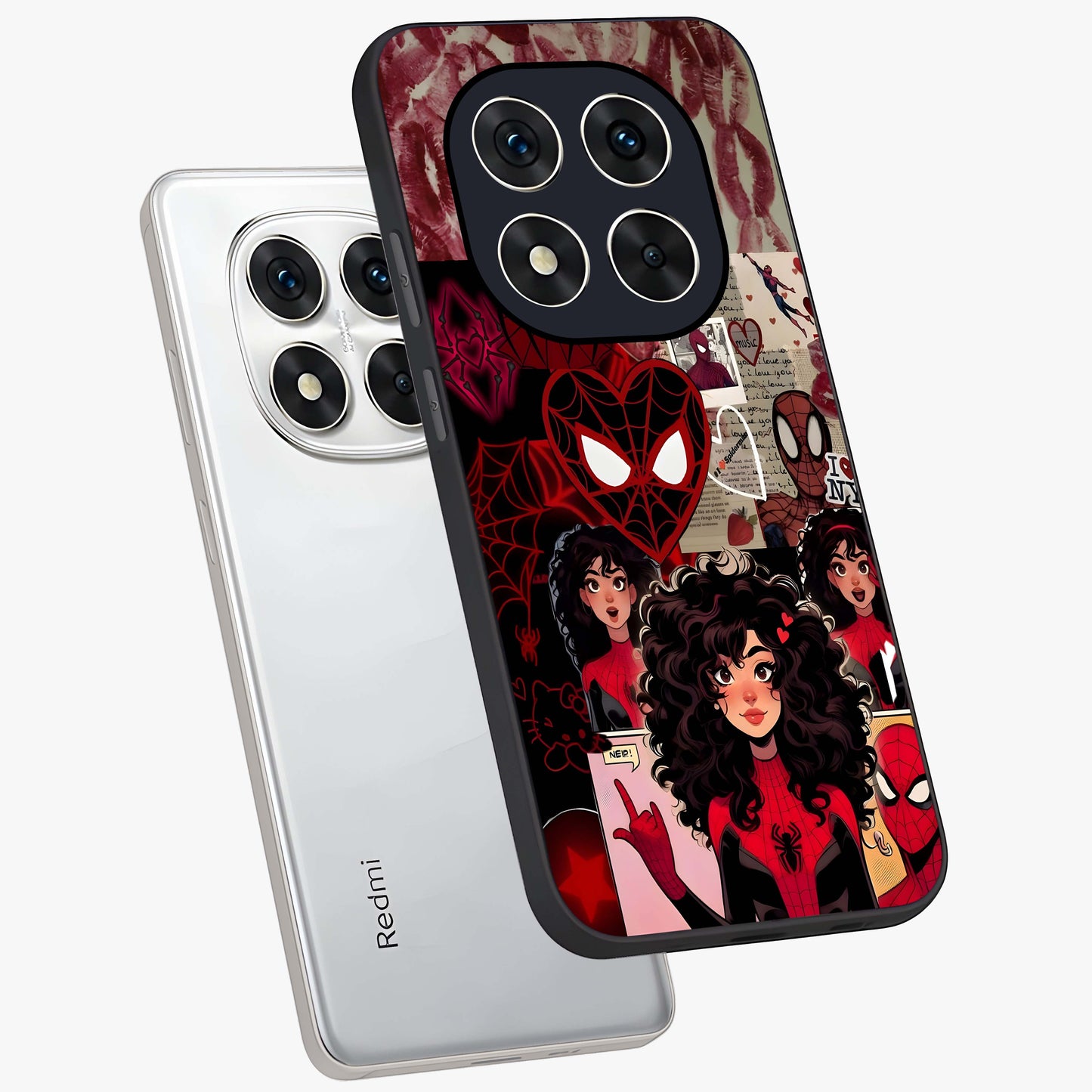 Spider Love Story Glass Case displayed in angled mockup highlighting expressive comic inspired design with playful aesthetic.