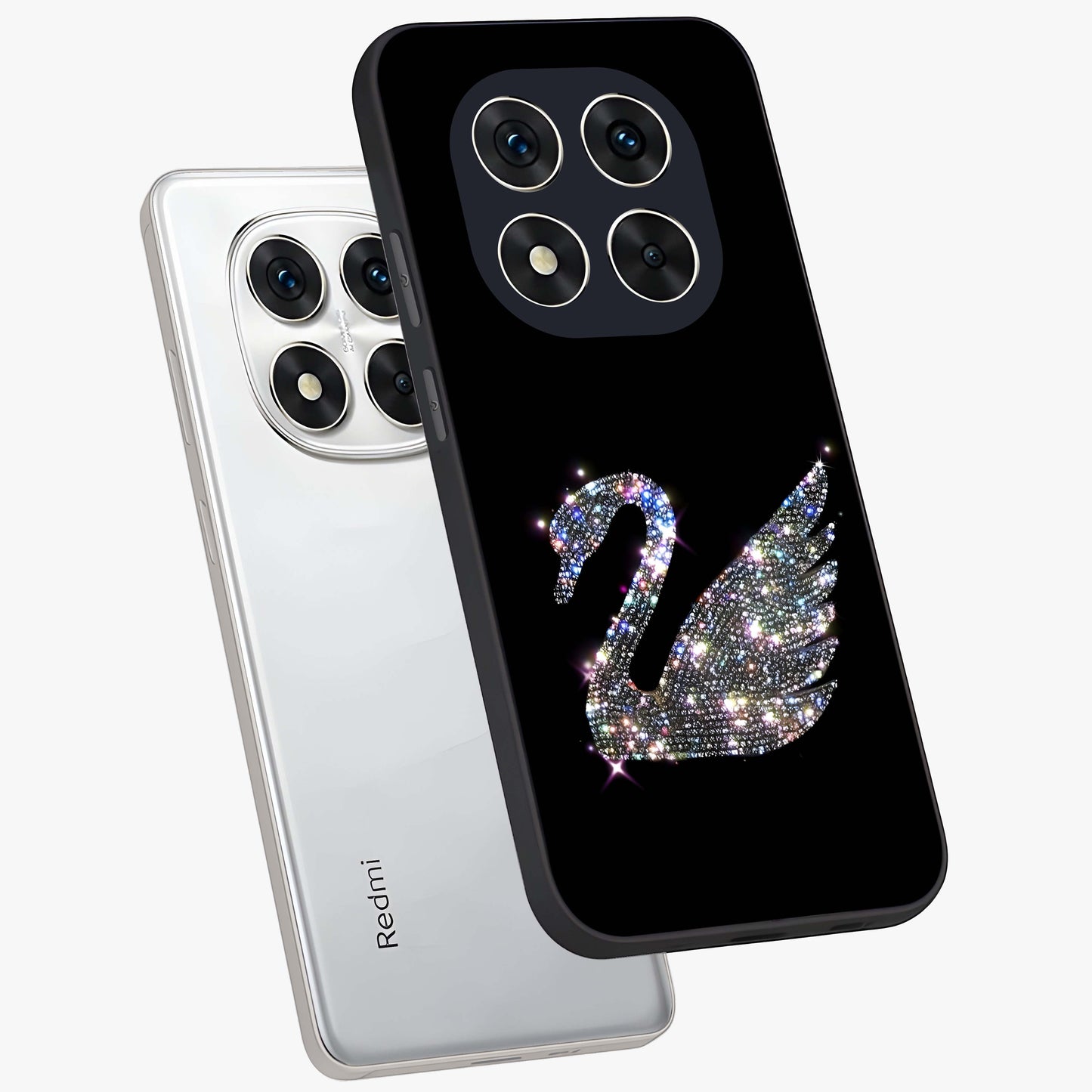 Starlit Swan Grace Glass Case displayed in angled mockup highlighting elegant swan illustration with dreamy celestial aesthetic.