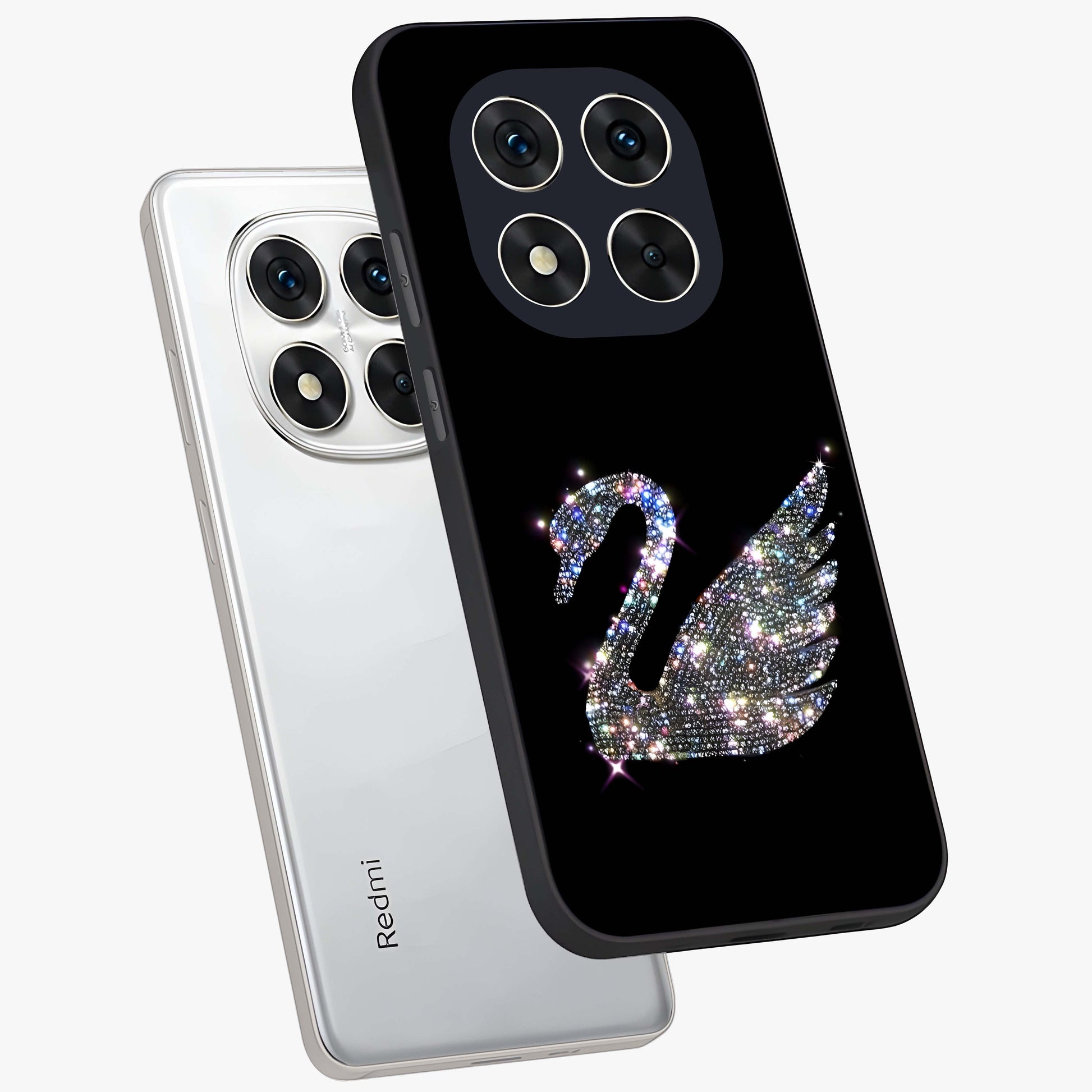 Starlit Swan Grace Glass Case displayed in angled mockup highlighting elegant swan illustration with dreamy celestial aesthetic.