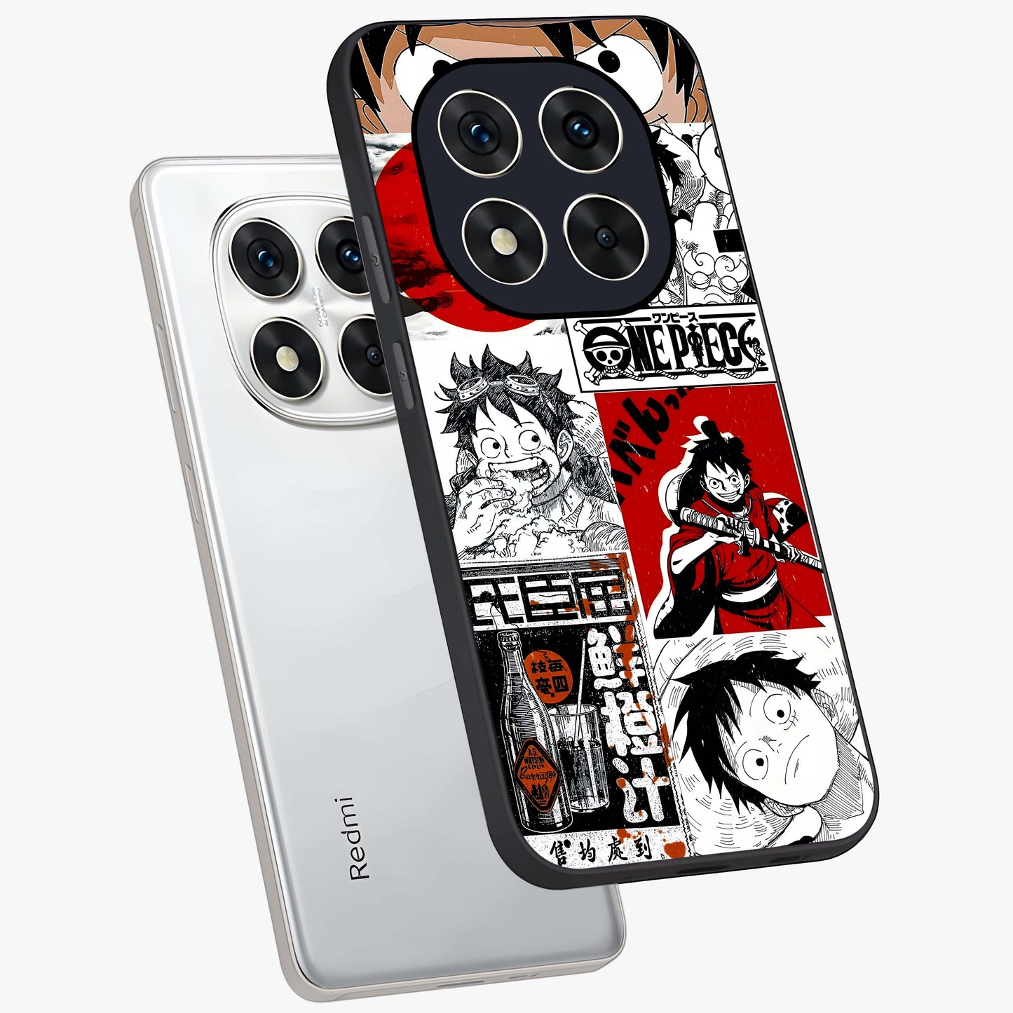 Strawhat Chaos Panels Glass Case displayed in angled mockup highlighting vibrant anime collage design with action aesthetic.