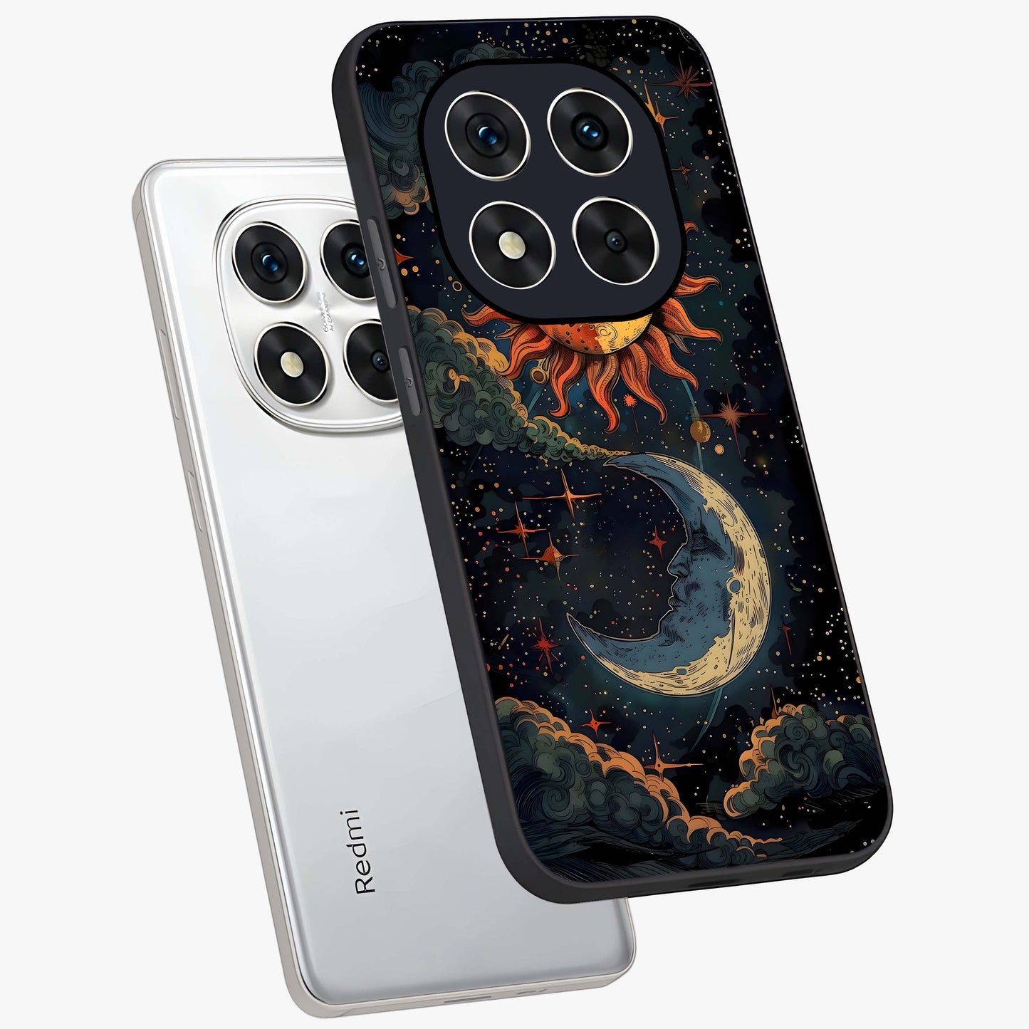 Sun And Moon Magic Design Glass Case displayed in angled mockup highlighting celestial design with magical cosmic aesthetic.