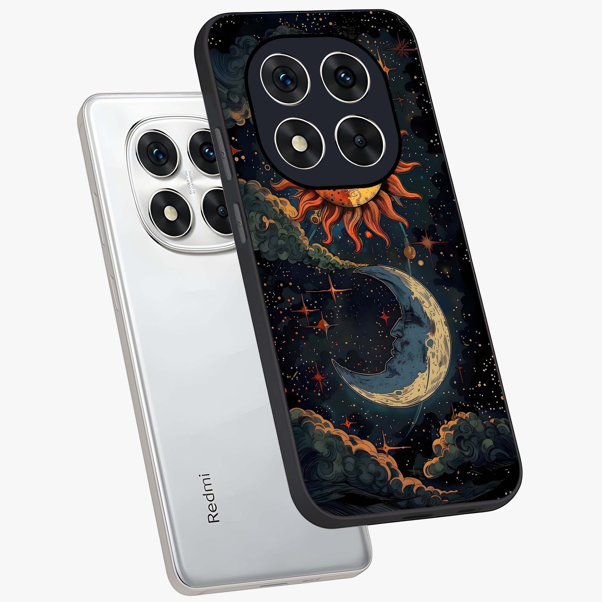 Sun And Moon Magic Design Glass Case displayed in angled mockup highlighting celestial design with magical cosmic aesthetic.