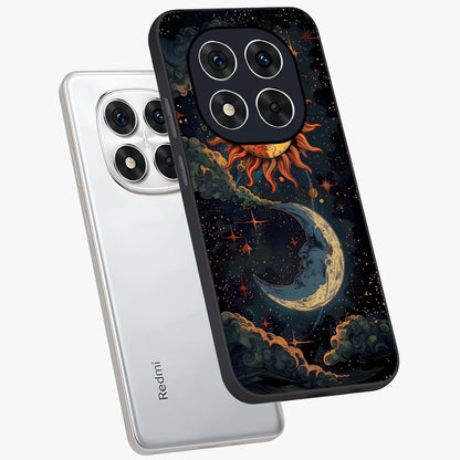 Sun And Moon Magic Design Glass Case displayed in angled mockup highlighting celestial design with magical cosmic aesthetic.