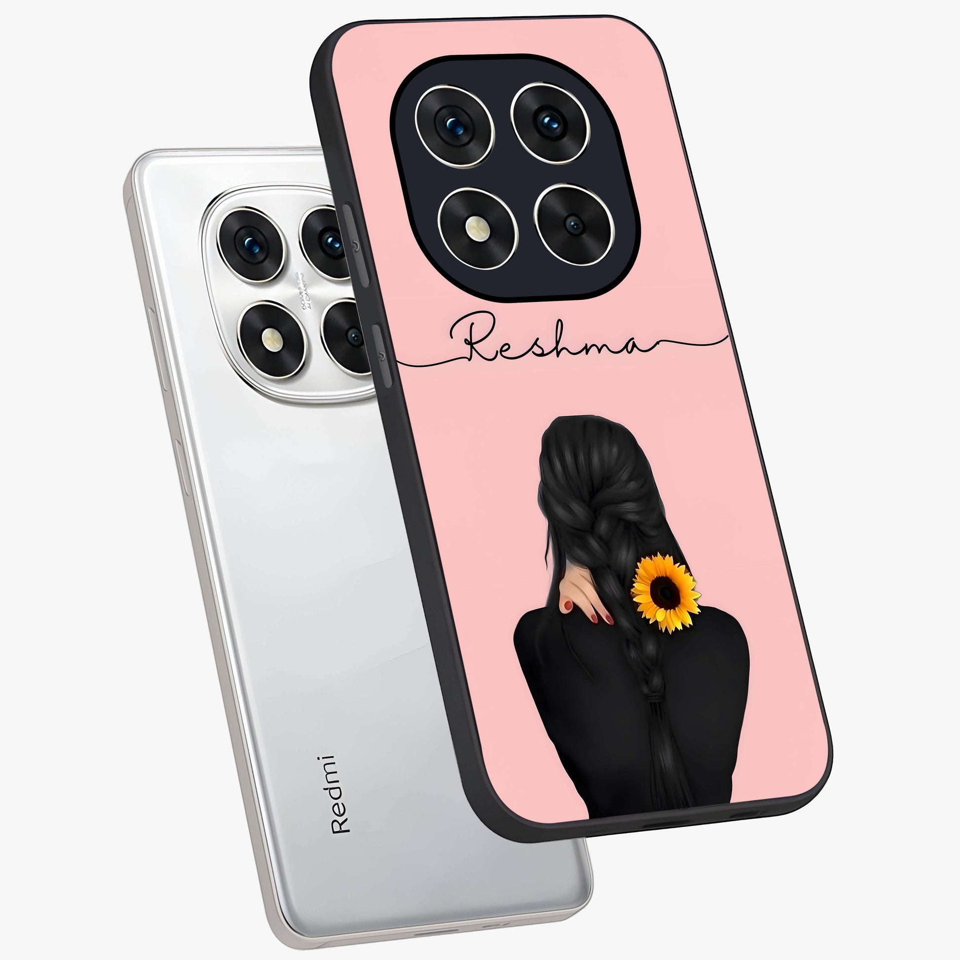 Sunflower Braid Beauty With Custom Name Glass Case displayed in angled mockup highlighting elegant sunflower design with custom name feature.