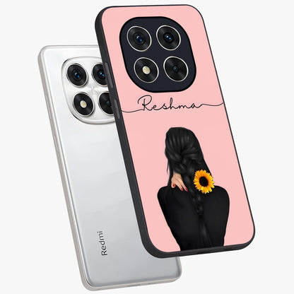 Sunflower Braid Beauty With Custom Name Glass Case displayed in angled mockup highlighting elegant sunflower design with custom name feature.