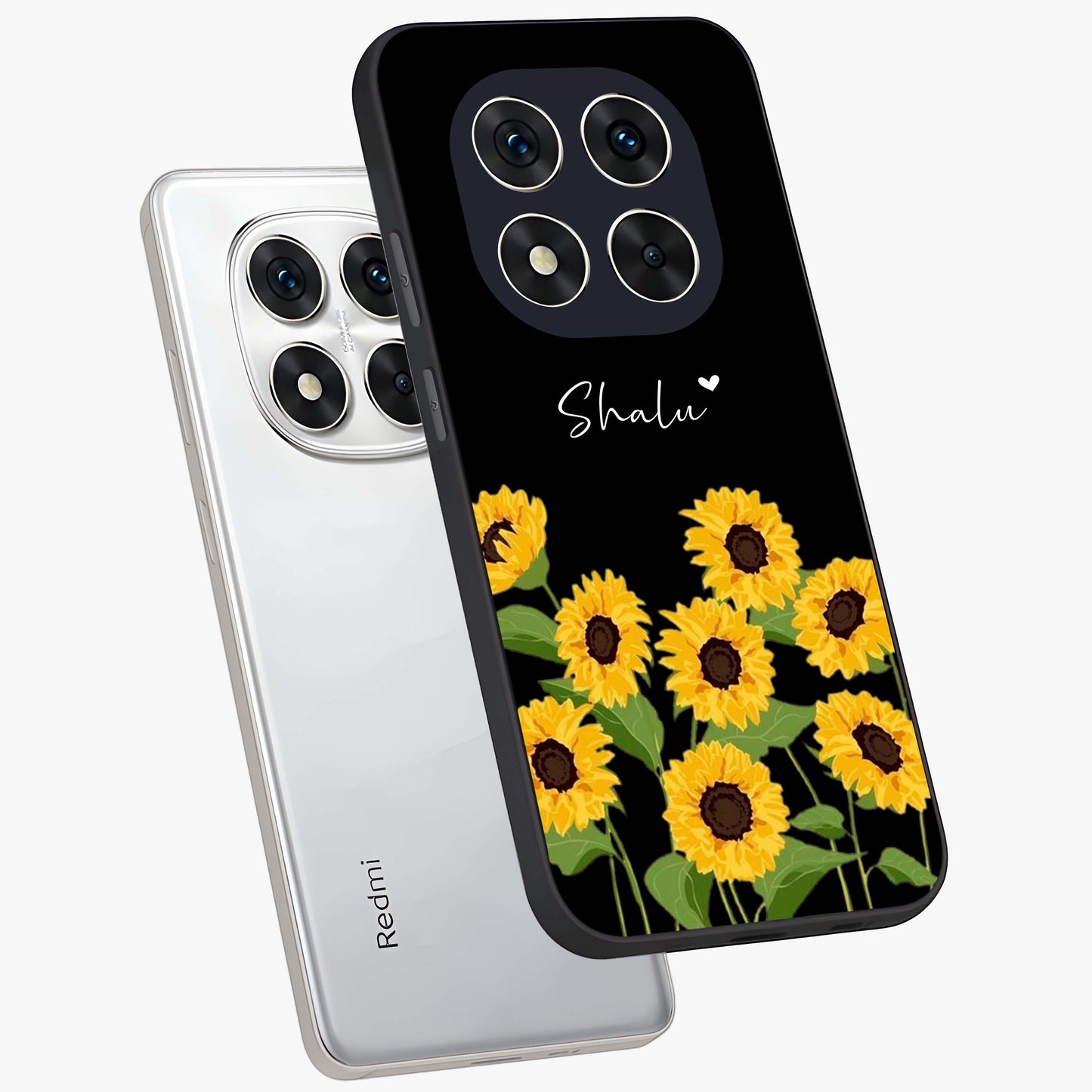 Sunflower Chic Mood Custom Name Glass Case displayed in angled mockup highlighting vibrant sunflower design with custom name feature.
