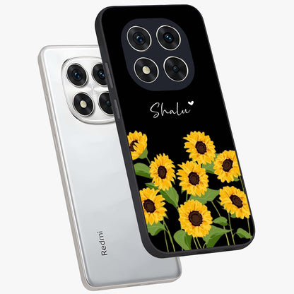 Sunflower Chic Mood Custom Name Glass Case displayed in angled mockup highlighting vibrant sunflower design with custom name feature.
