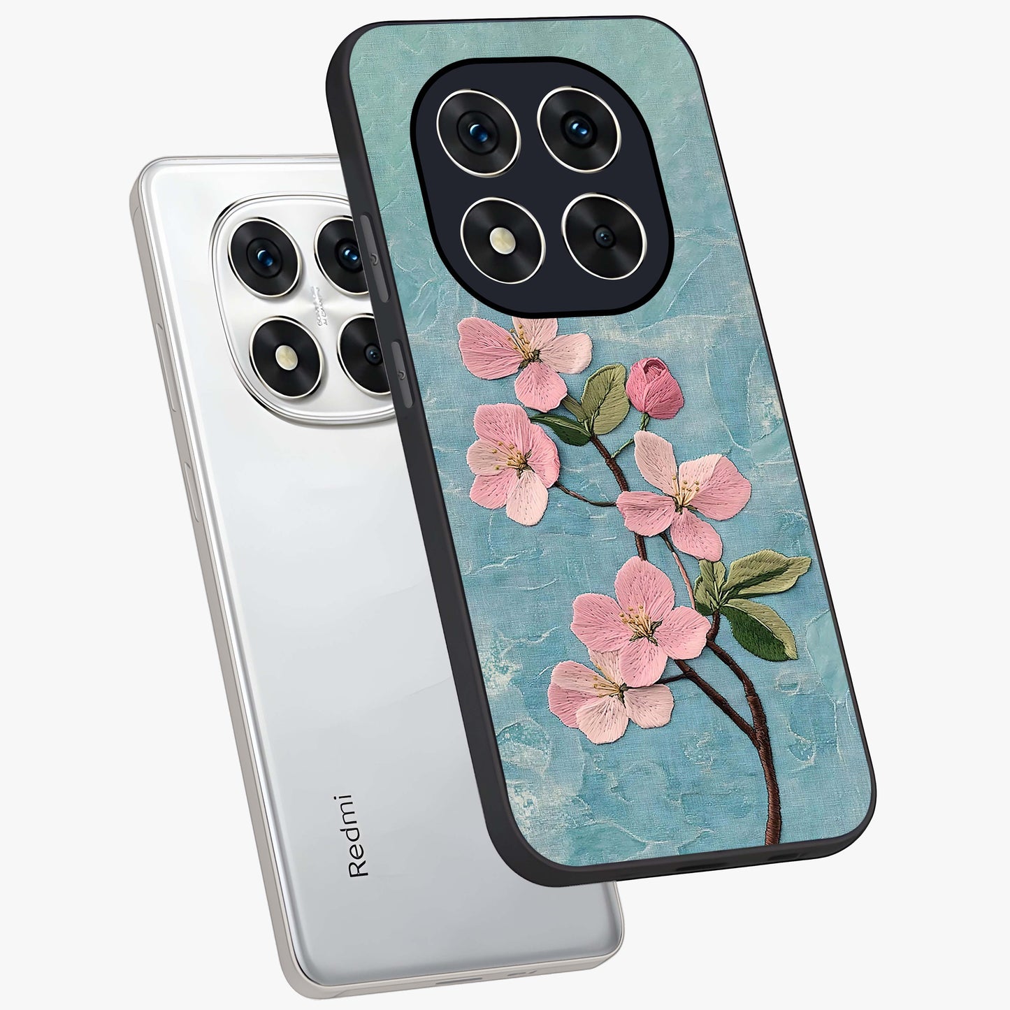 Threaded Blossom Breeze Glass Case displayed in angled mockup highlighting elegant floral design with soft aesthetic style.