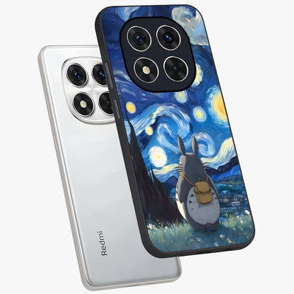 Totoro In Van Gogh Art Glass Case displayed in angled mockup highlighting artistic swirling sky design with playful animation aesthetic.