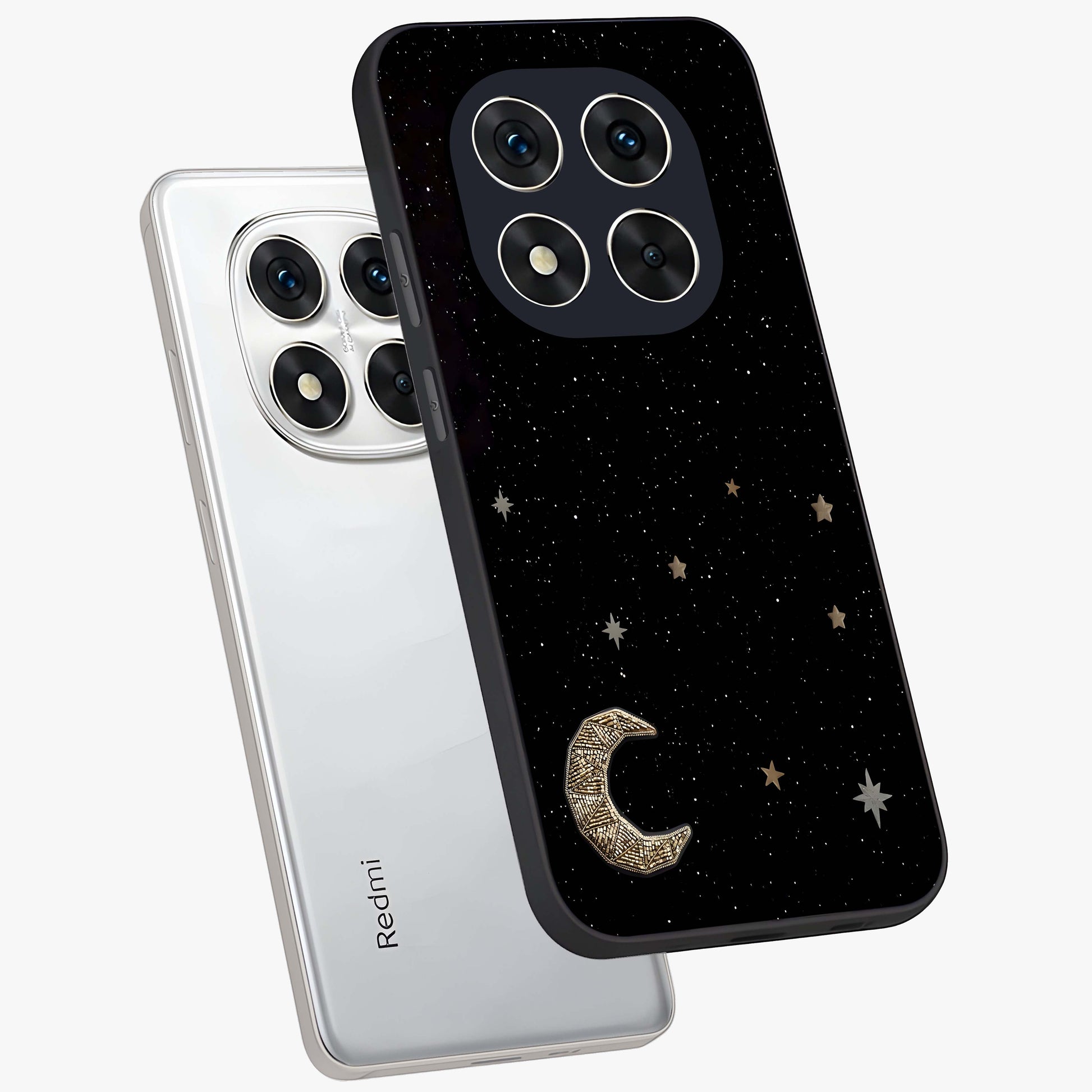 Twinkle Star With Half Moon Glass Case displayed in angled mockup highlighting celestial moon and star design with magical aesthetic.