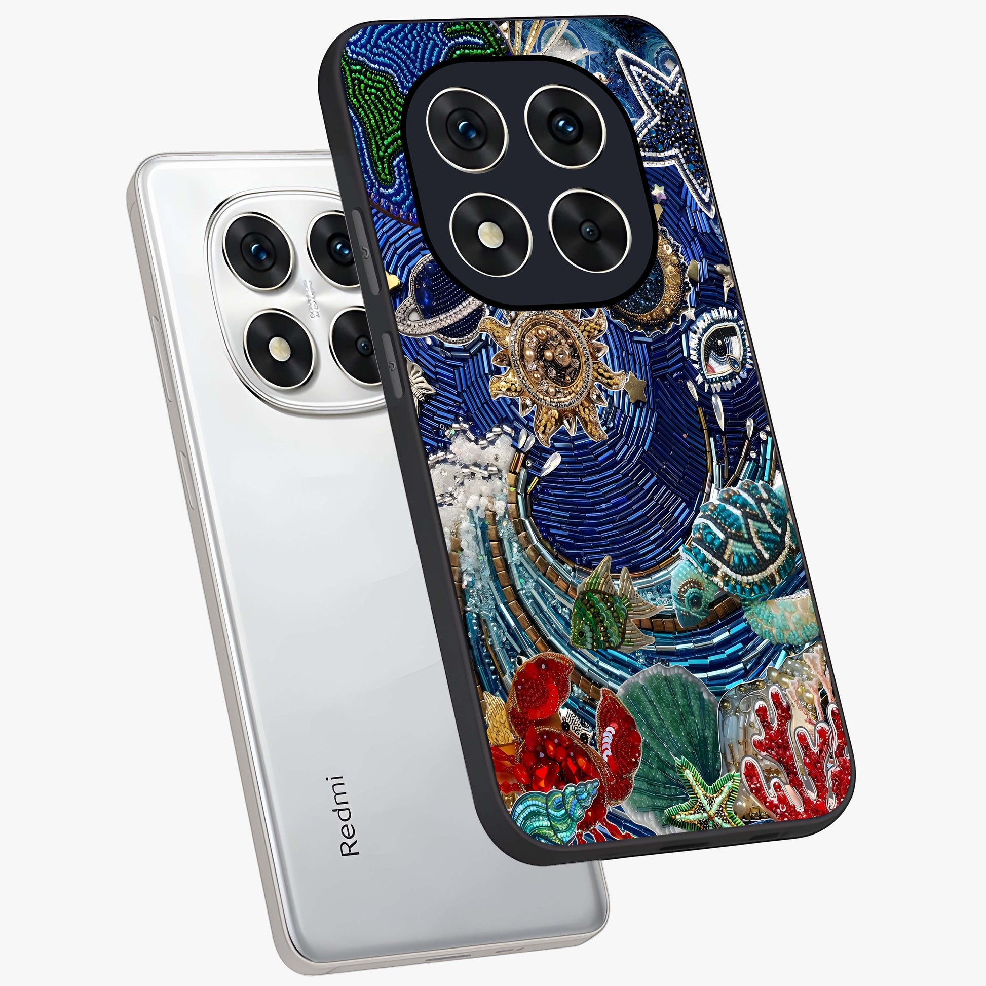 Universe Underwater Spark Glass Case displayed in angled mockup highlighting glowing aquatic design with celestial aesthetic.