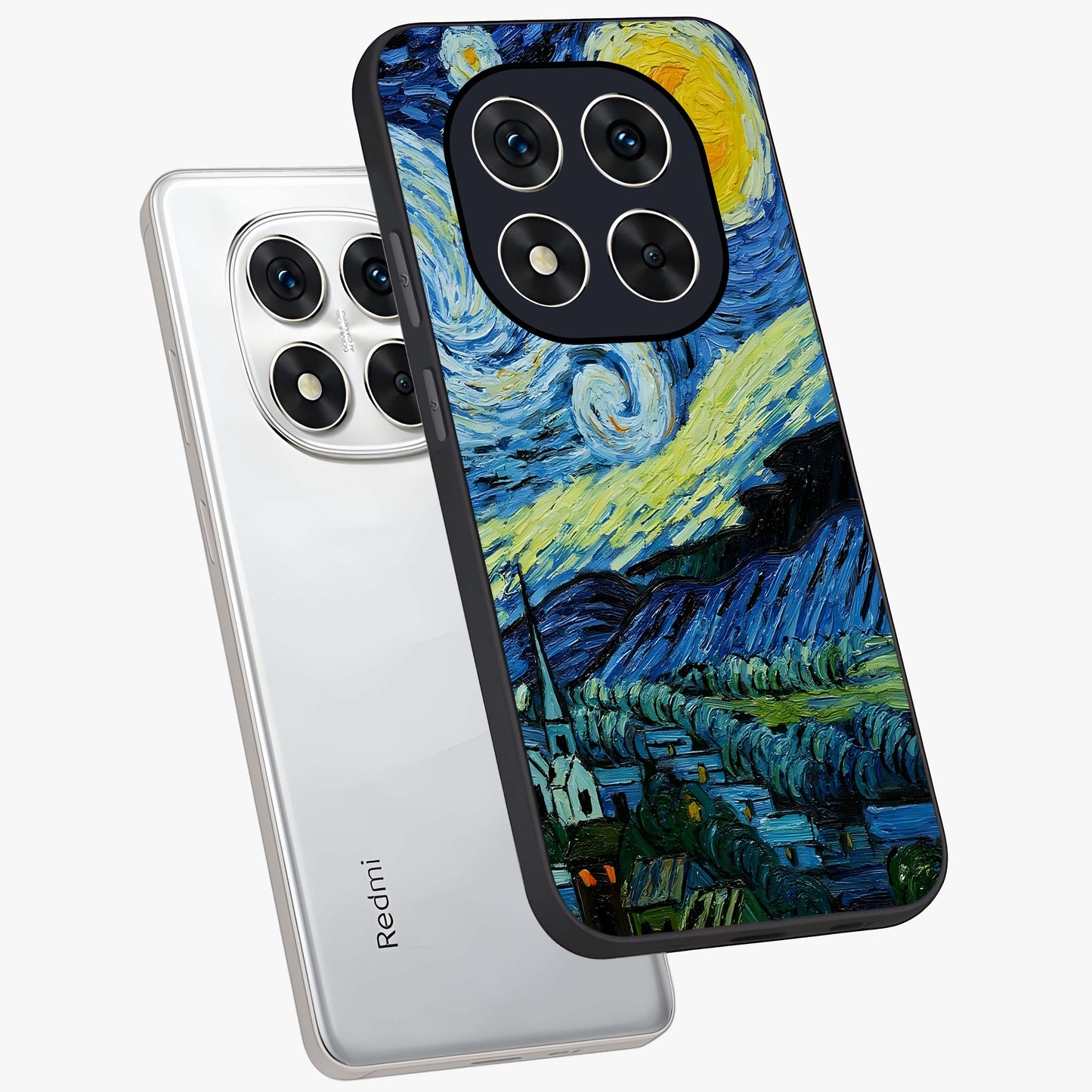 Van Gogh Art Glass Case displayed in angled mockup highlighting swirling brushstroke design with artistic aesthetic.