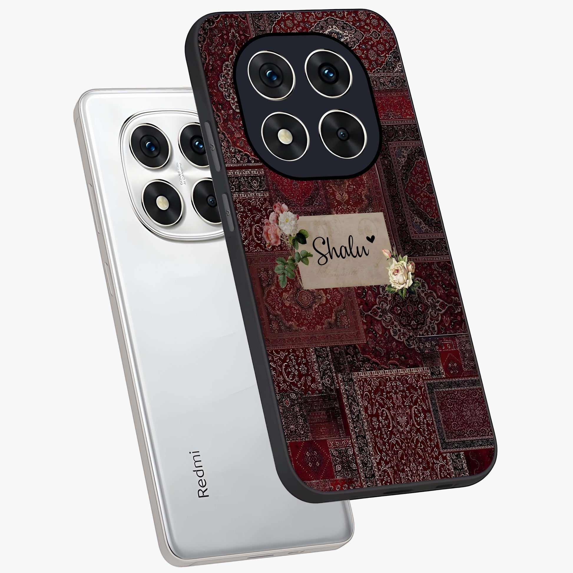 Velvet Wine Pattern Custom Name Glass Case displayed in angled mockup highlighting decorative velvet inspired design with custom name feature.