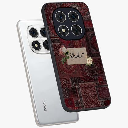 Velvet Wine Pattern Custom Name Glass Case displayed in angled mockup highlighting decorative velvet inspired design with custom name feature.