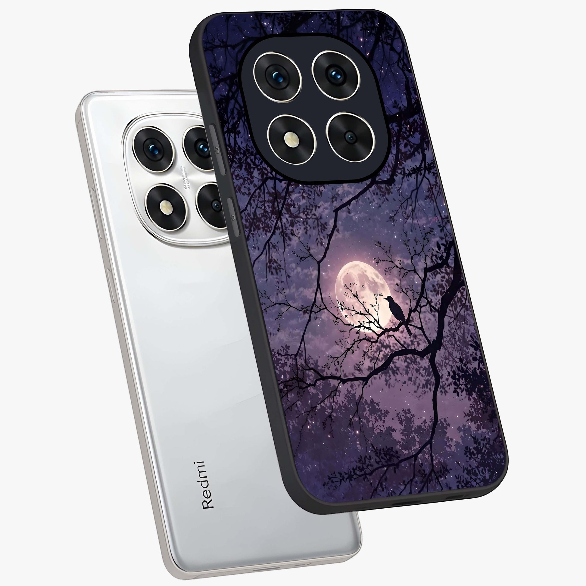 Whispering Moon Silence Glass Case displayed in angled mockup highlighting calm lunar design with dreamy night aesthetic.