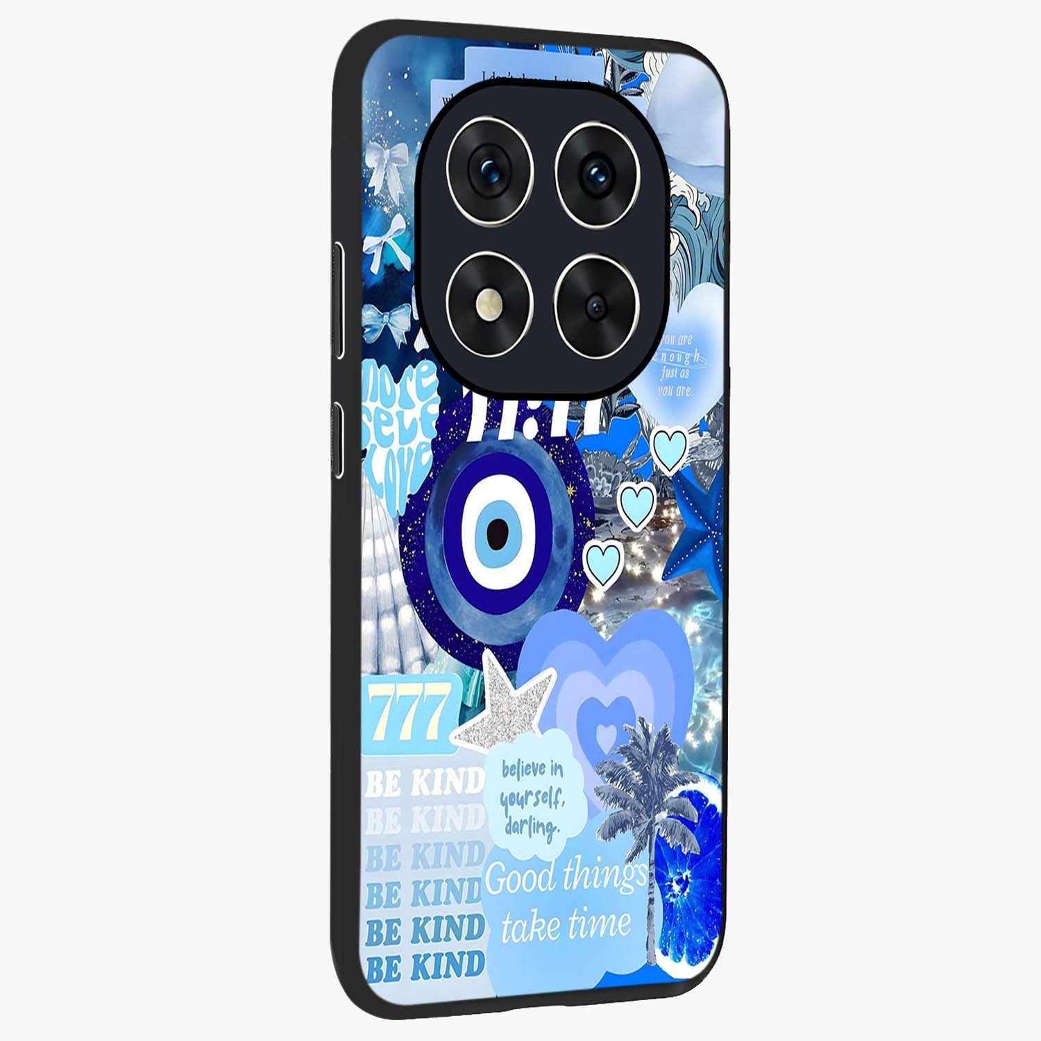 Aesthetic Be Kind Eye Glass Case upright view showcasing stylish eye illustration with positive message theme.
