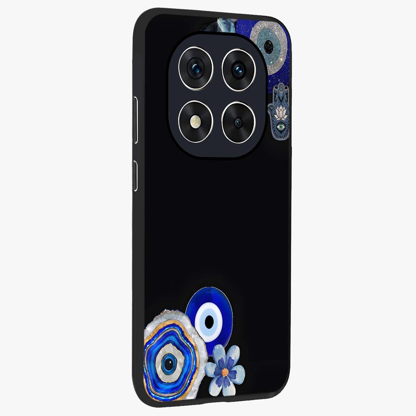 Aesthetic Blue Evil Eye Glass Case upright view showcasing mystical evil eye graphic with minimal aesthetic style.