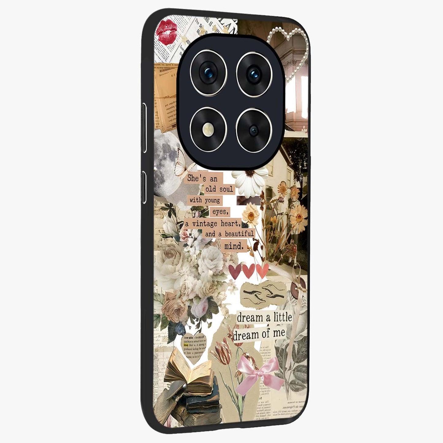 Aesthetic Brown Vintage Collage Glass Case upright view showcasing nostalgic retro artwork with stylish vintage theme.