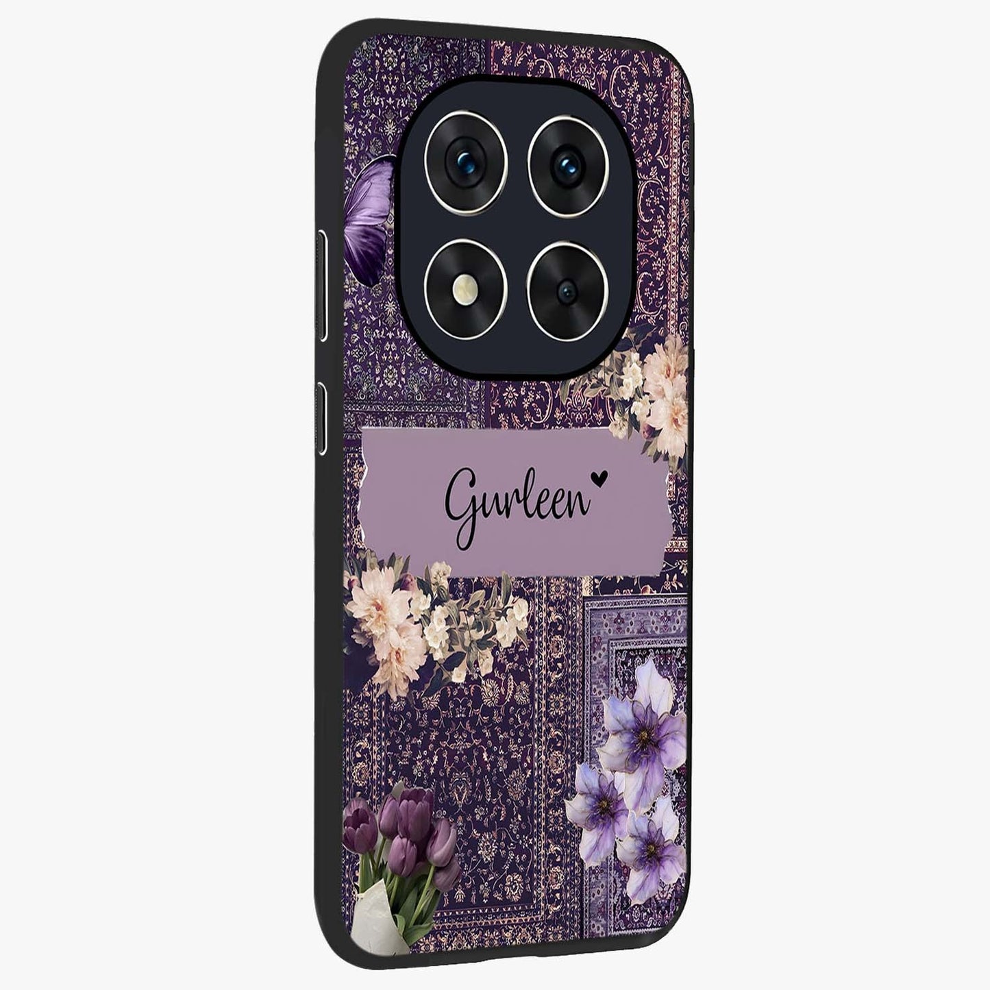 Antique Floral Whisper Custom Name Glass Case upright view showcasing delicate floral artwork with custom name feature.