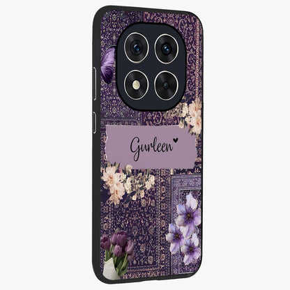 Antique Floral Whisper Custom Name Glass Case upright view showcasing delicate floral artwork with custom name feature.
