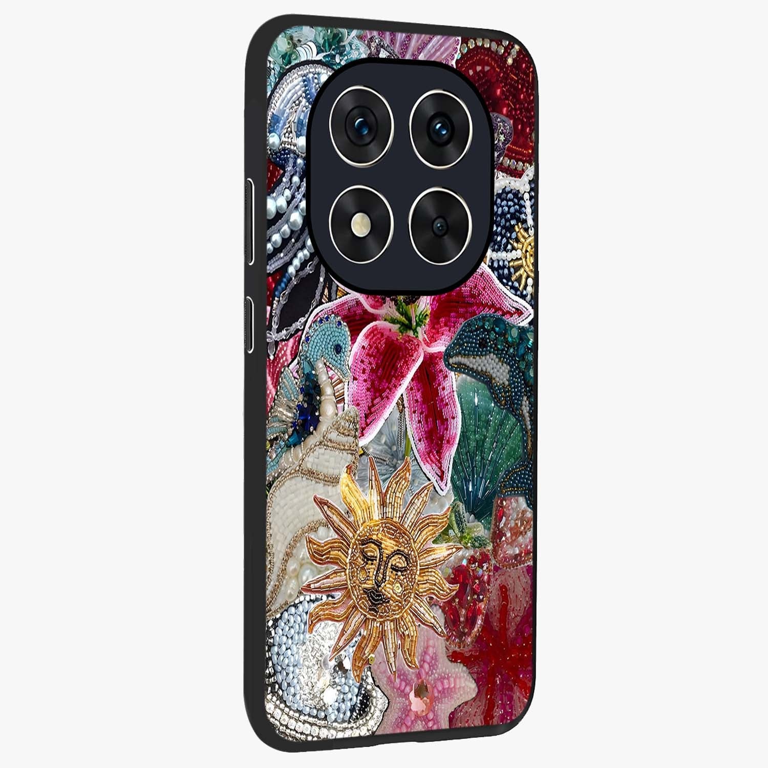 Beaded Garden Fantasy Glass Case upright view showcasing whimsical garden aesthetic with artistic bead details.