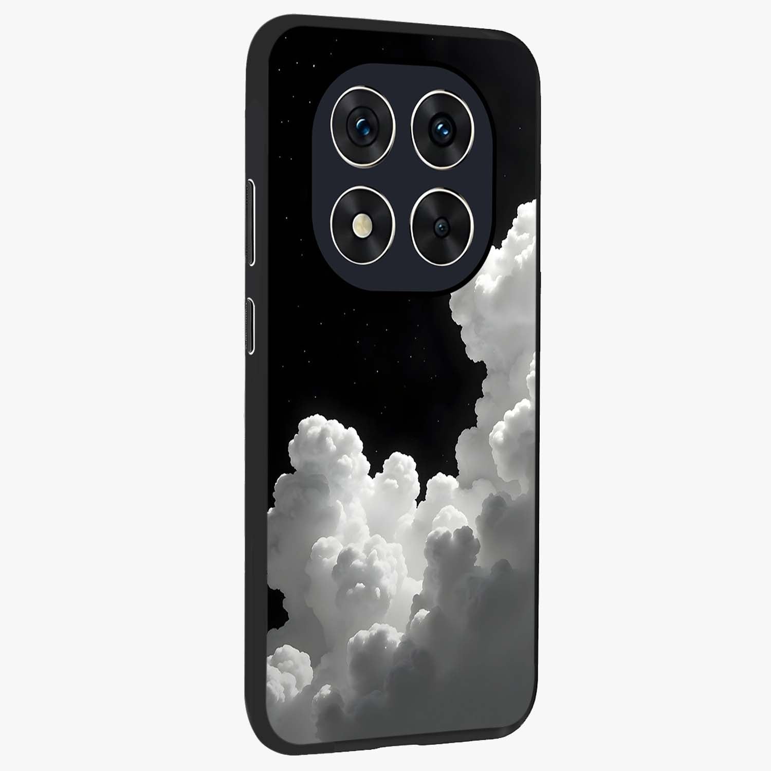 Black Background With White Cloud Glass Case upright view showcasing calm cloud aesthetic with modern minimal style.