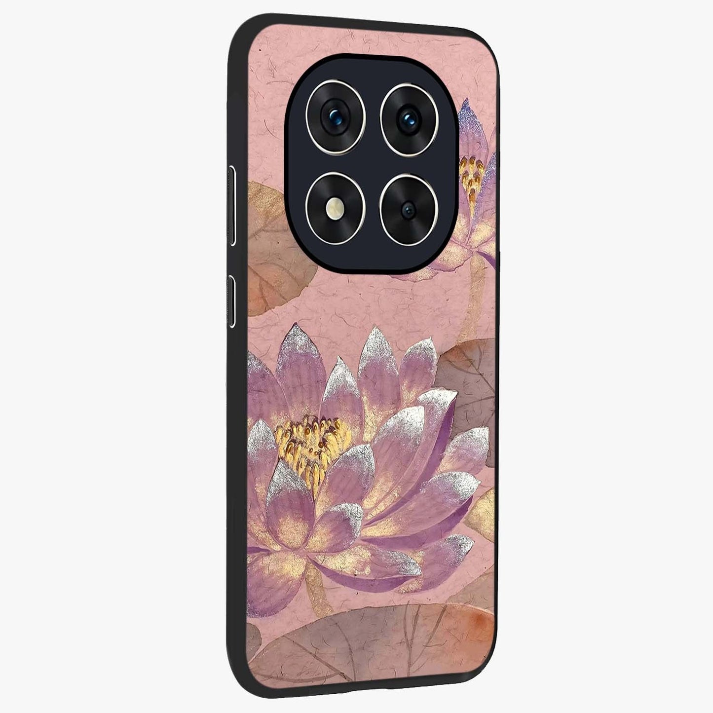 Blossom Mist Lotus Glass Case upright view showcasing graceful lotus flower design with peaceful botanical style.