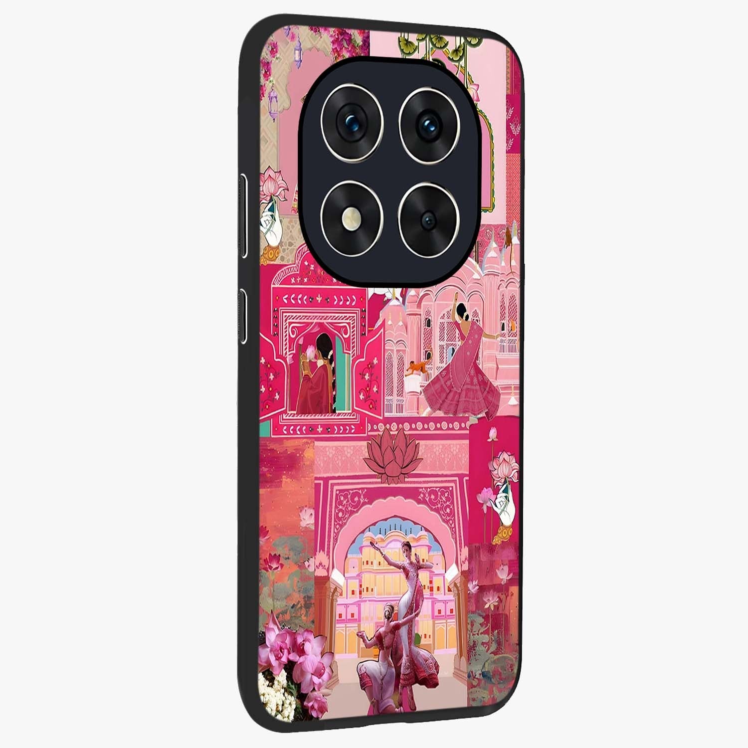 Blossoms of Rajasthan Glass Case upright view showcasing colorful floral design inspired by traditional Indian art.
