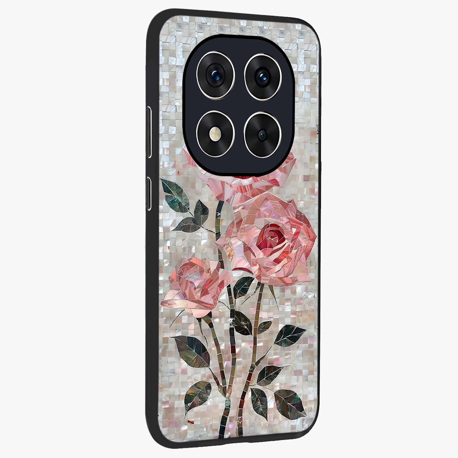 Blush Mosaic Bloom Glass Case upright view showcasing decorative floral mosaic artwork with stylish modern aesthetic.