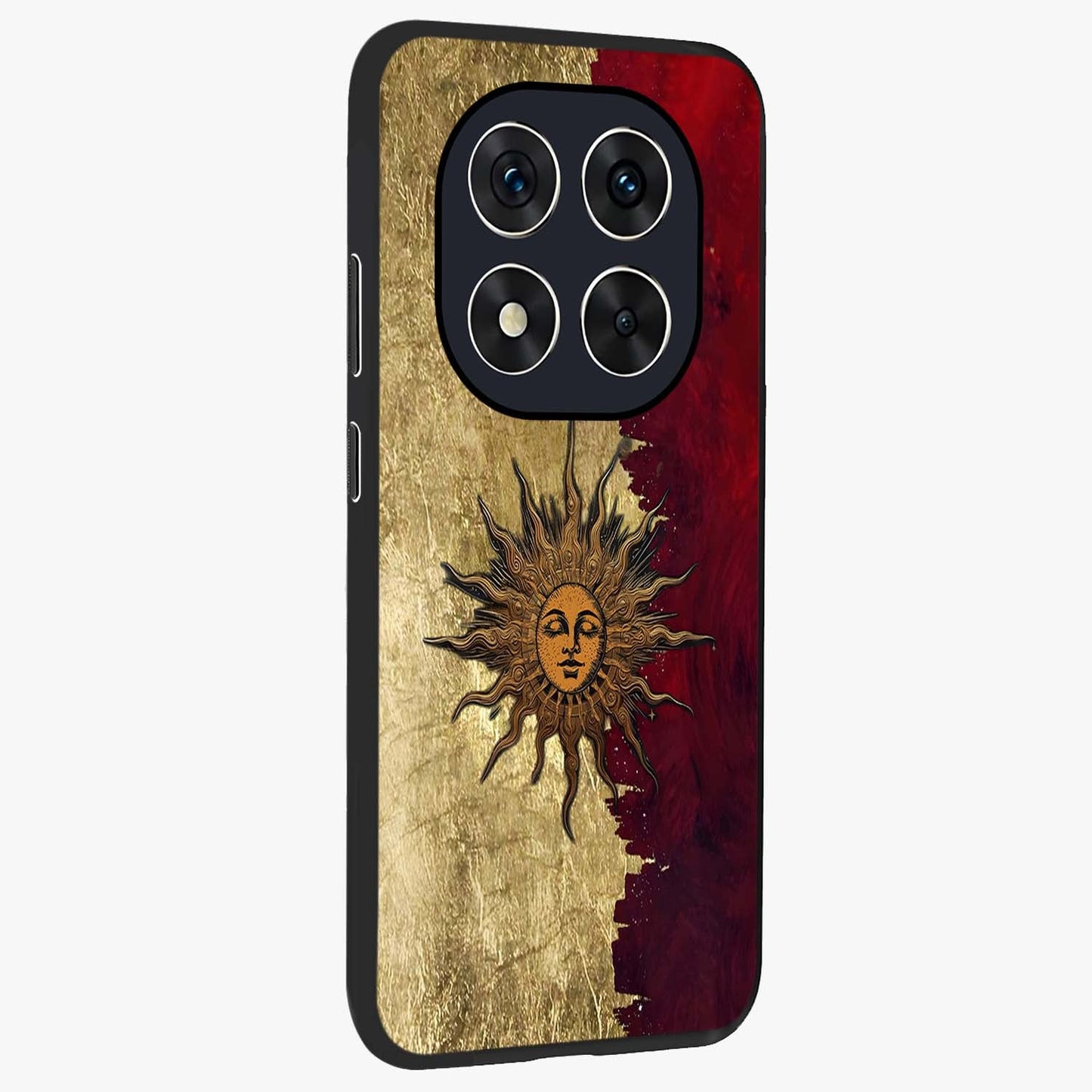 Crimson Sun Majesty Glass Case upright view showcasing vibrant sun artwork with powerful celestial theme.