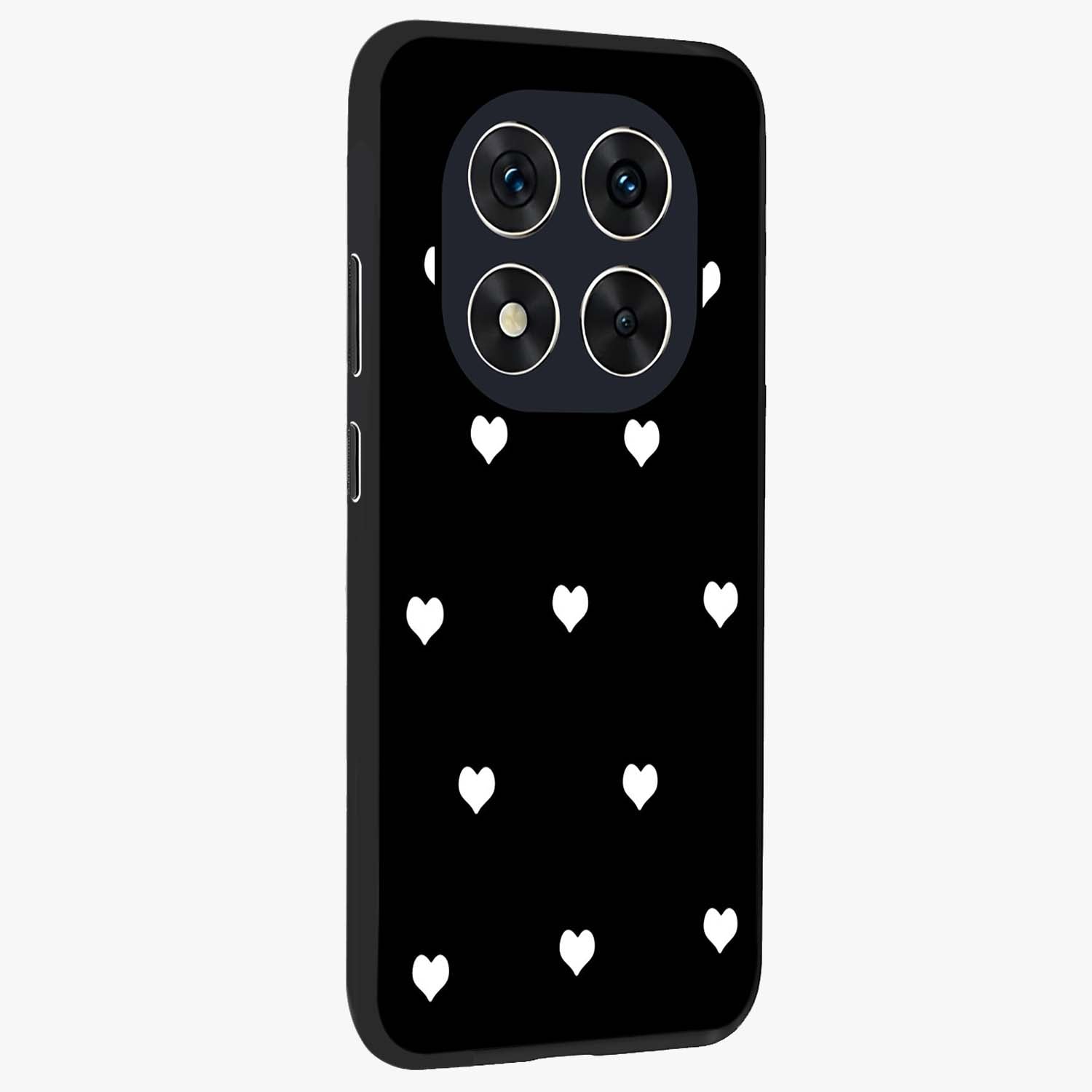 Cute And Simple White Hearts Glass Case upright view showcasing simple white hearts artwork with soft minimal theme.