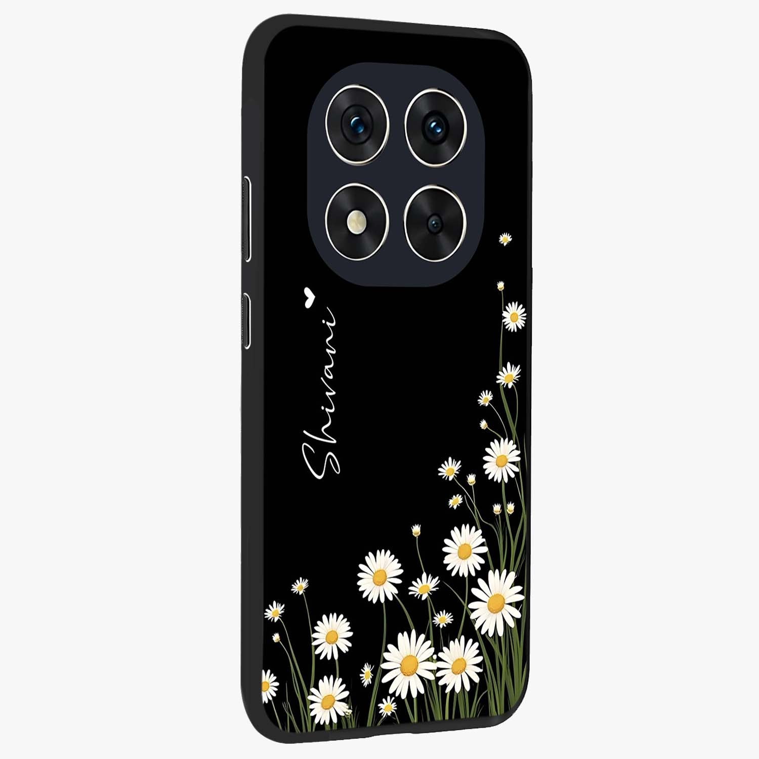 Daisy Cascade Custom Name Glass Case upright view showcasing elegant floral cascade design with personalized aesthetic.