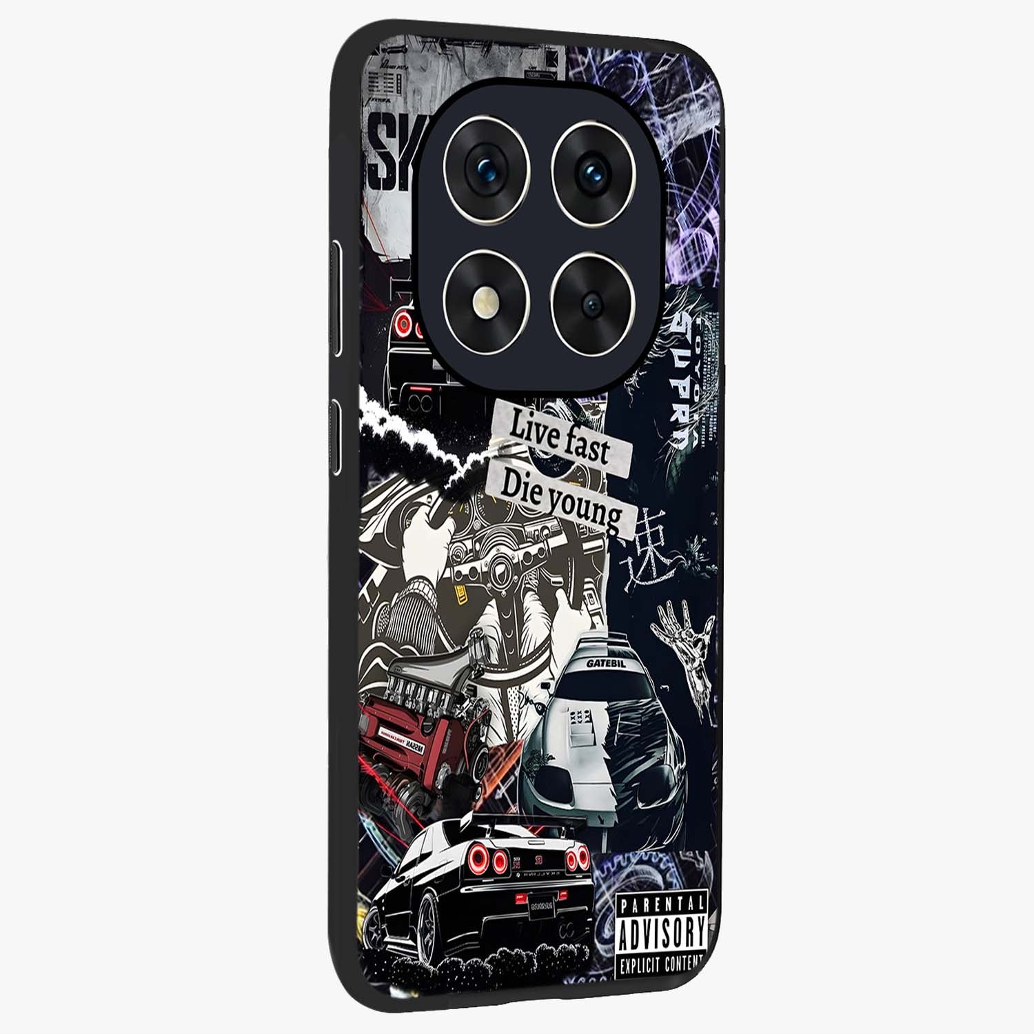Die Young Glass Case upright view showcasing striking typography artwork with modern statement theme.
