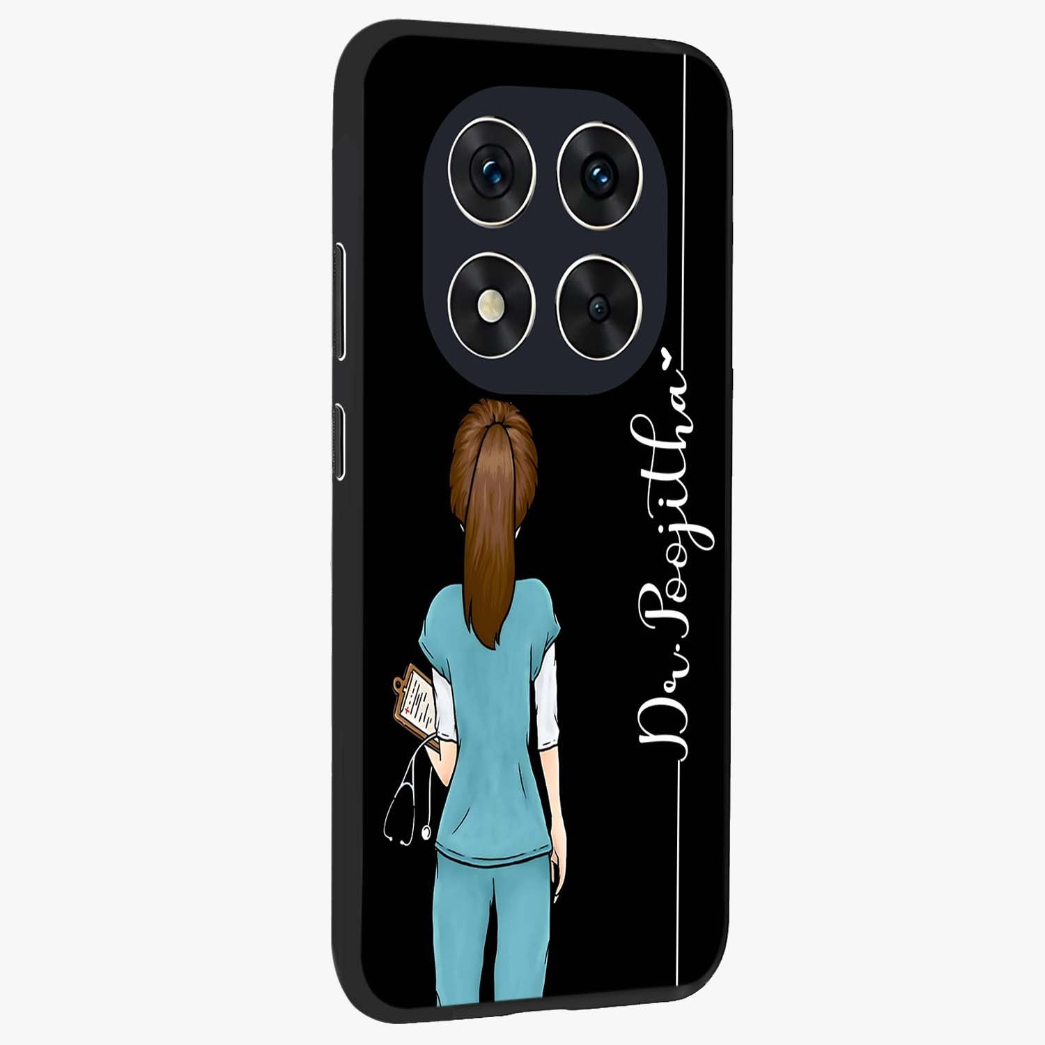 Doctor Pattern Custom Name Glass Case upright view showcasing healthcare themed design with personalized aesthetic.