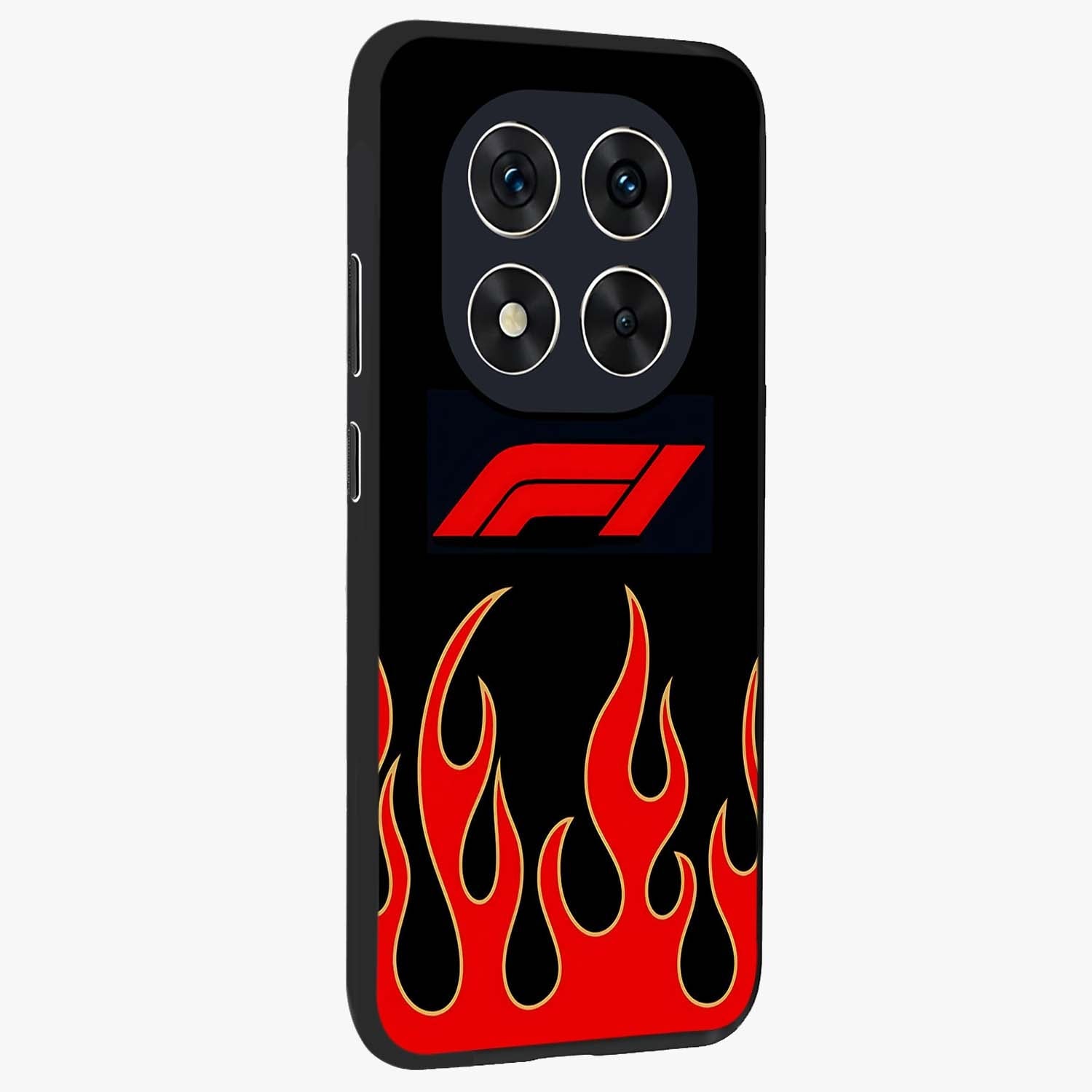 Fire F11 Glass Case upright view showcasing dynamic flame artwork with intense visual theme.