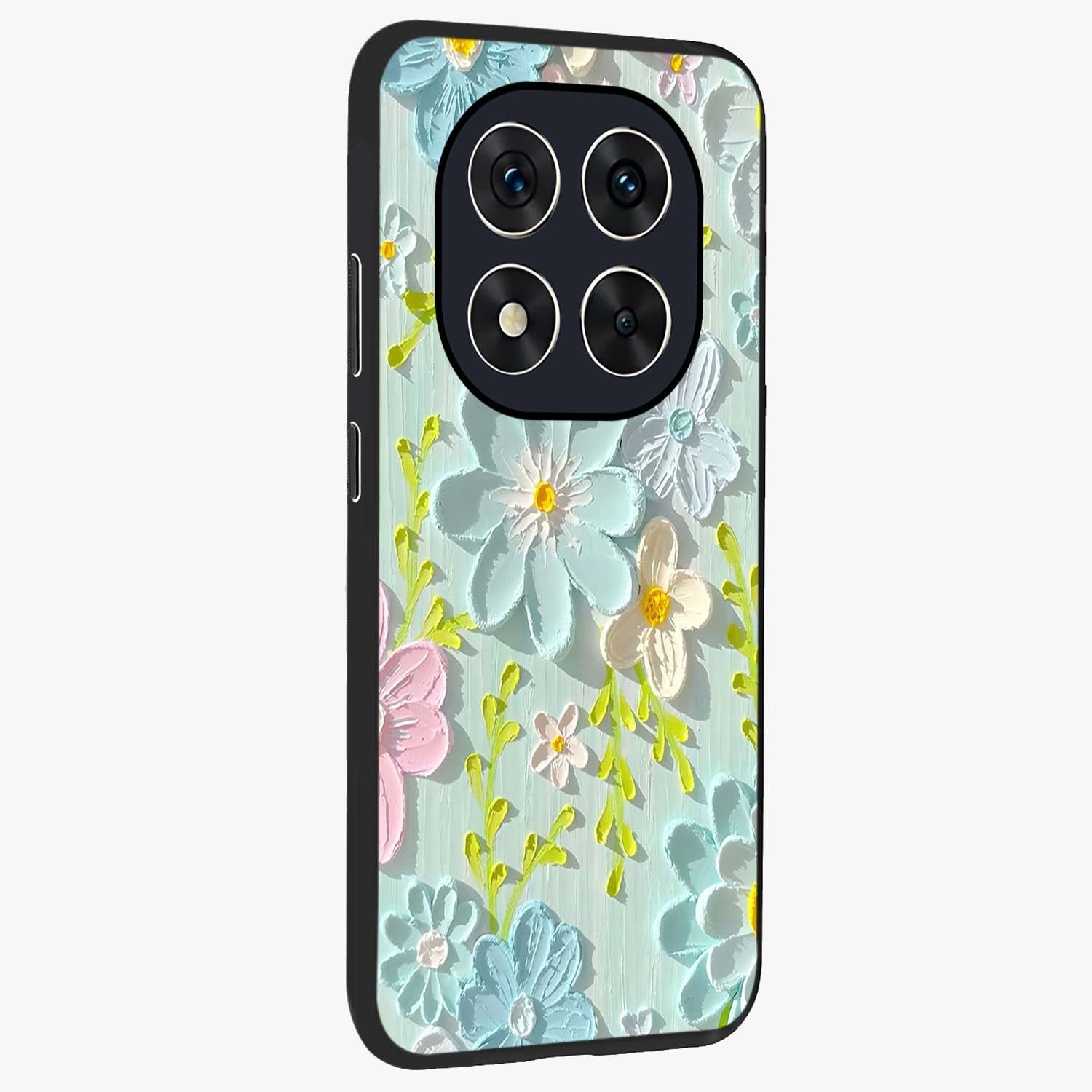 Frosted Petal Garden Glass Case upright view showcasing elegant floral garden artwork with soothing pastel theme.
