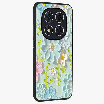 Frosted Petal Garden Glass Case upright view showcasing elegant floral garden artwork with soothing pastel theme.