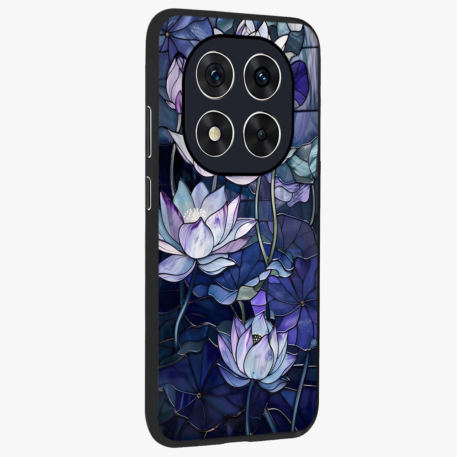Gloss Petal Rush Glass Case upright view showcasing dynamic floral petal artwork with modern botanical theme.