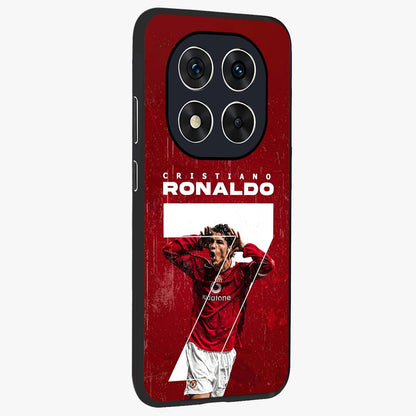 Goal Celebration Legacy Glass Case upright view showcasing dynamic football inspired artwork with victory celebration aesthetic.