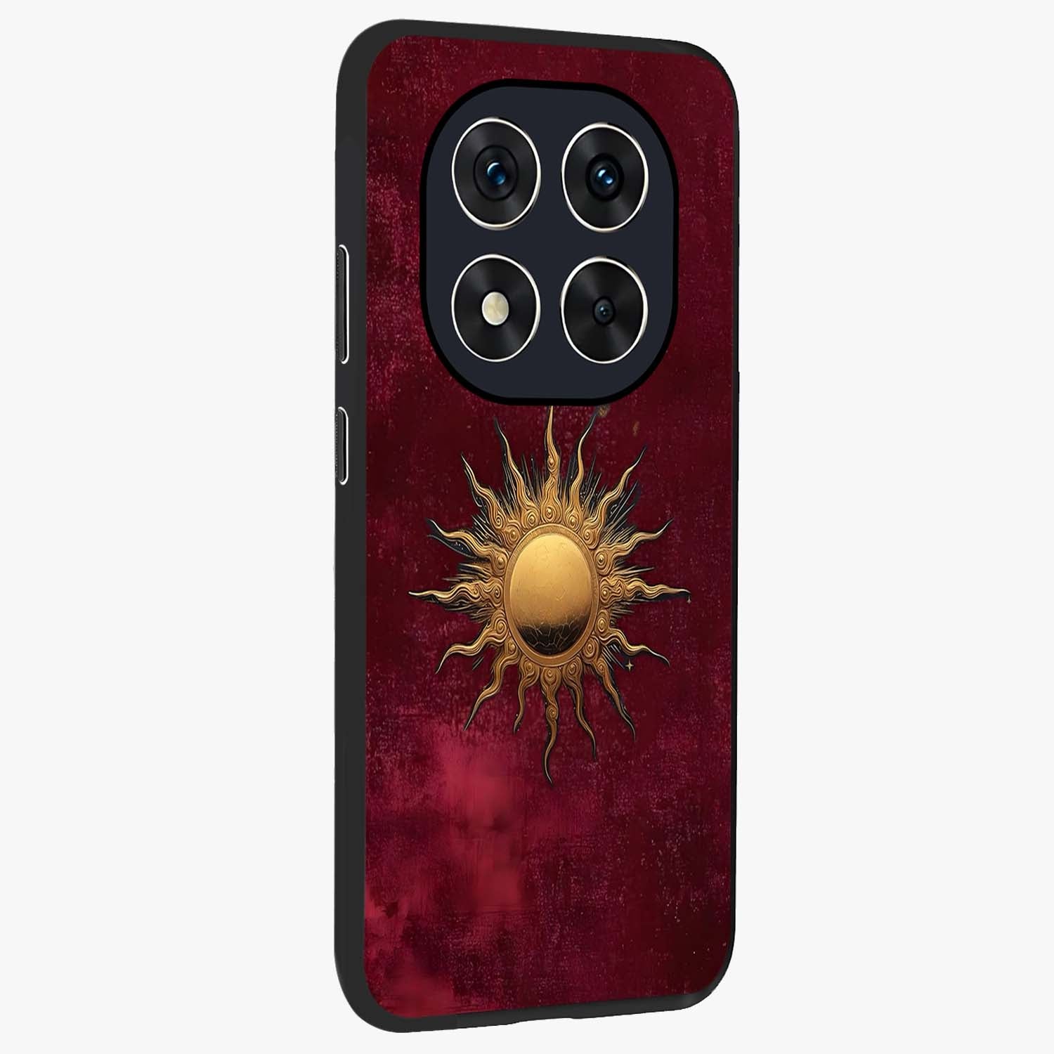 Golden Sun Minimalism Glass Case upright view showcasing simple golden sun artwork with elegant minimalist style.