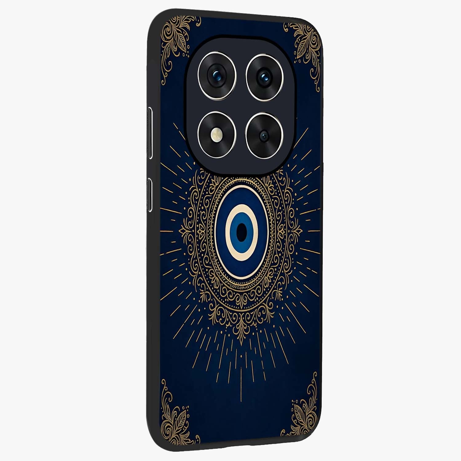Golden Celestial Charm Glass Case upright view showcasing radiant celestial artwork with elegant golden theme.