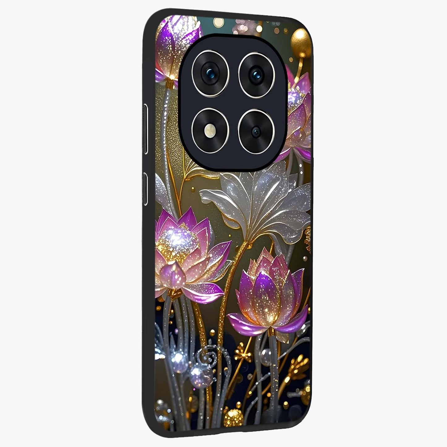 Golden Floral Majesty Glass Case upright view showcasing majestic floral artwork with rich decorative theme.
