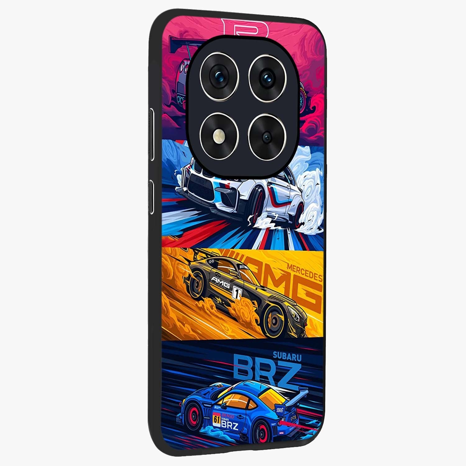 JDM Sports Car Glass Case upright view showcasing dynamic sports car artwork with bold racing theme.