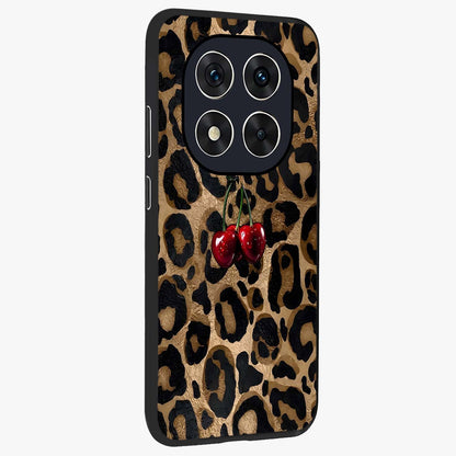 Leopard Wild Cherry Glass Case upright view showcasing stylish leopard pattern artwork with trendy fashion theme.
