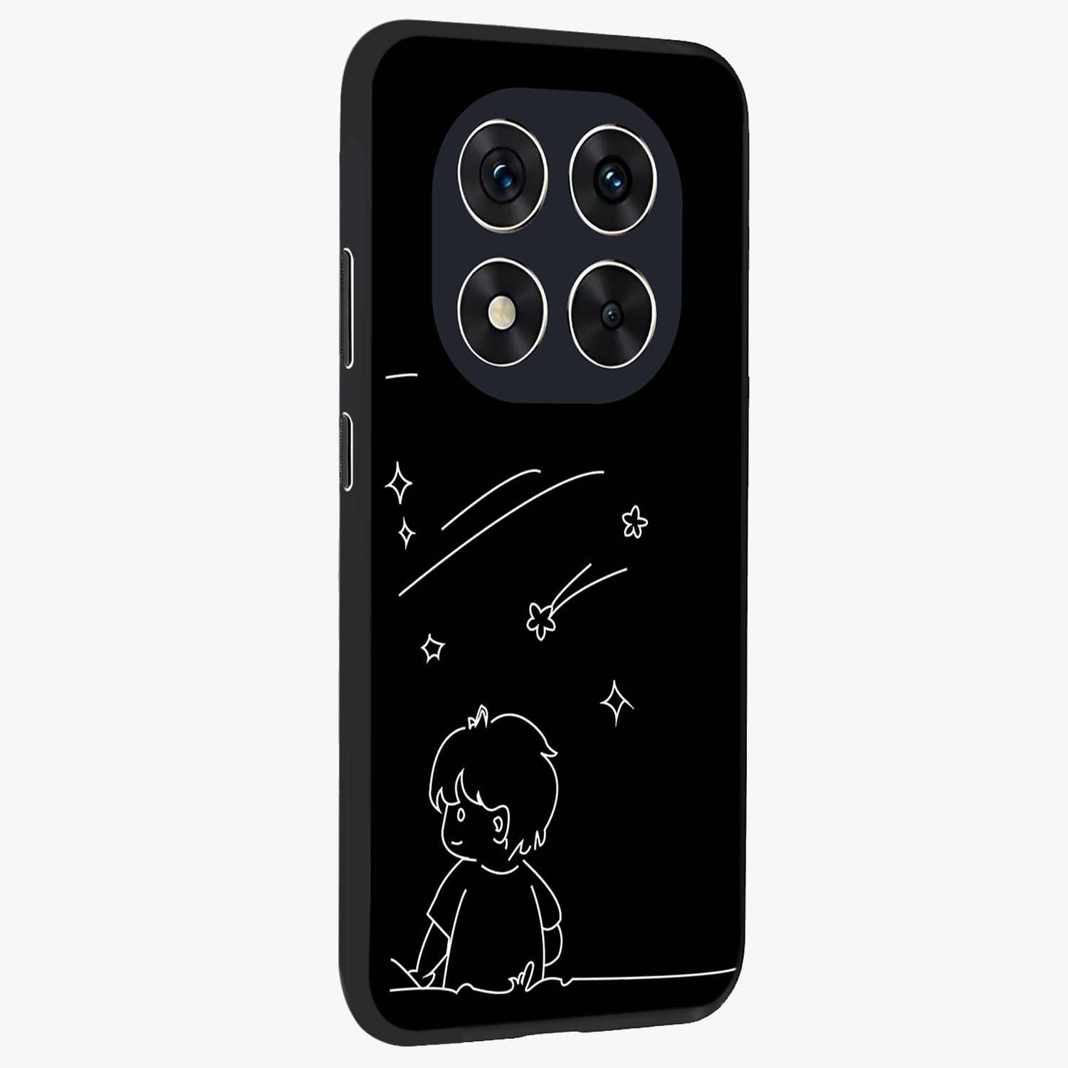 Line Art Boy With Shooting Stars Glass Case upright view showcasing artistic shooting star illustration with minimal style.